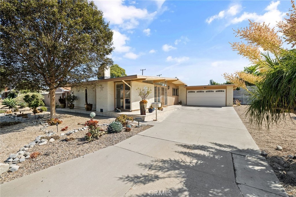 Single-story house with a modern design, large driveway, and xeriscape garden featuring succulents and a tree.