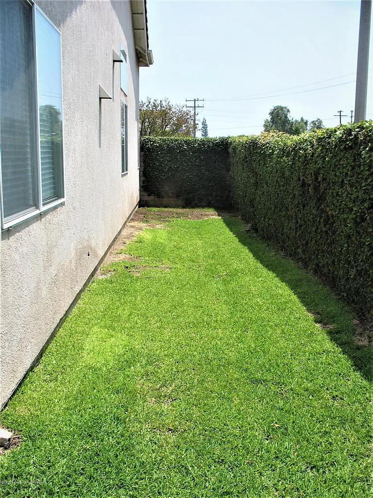 Narrow lawn between stucco house and hedge under clear sk