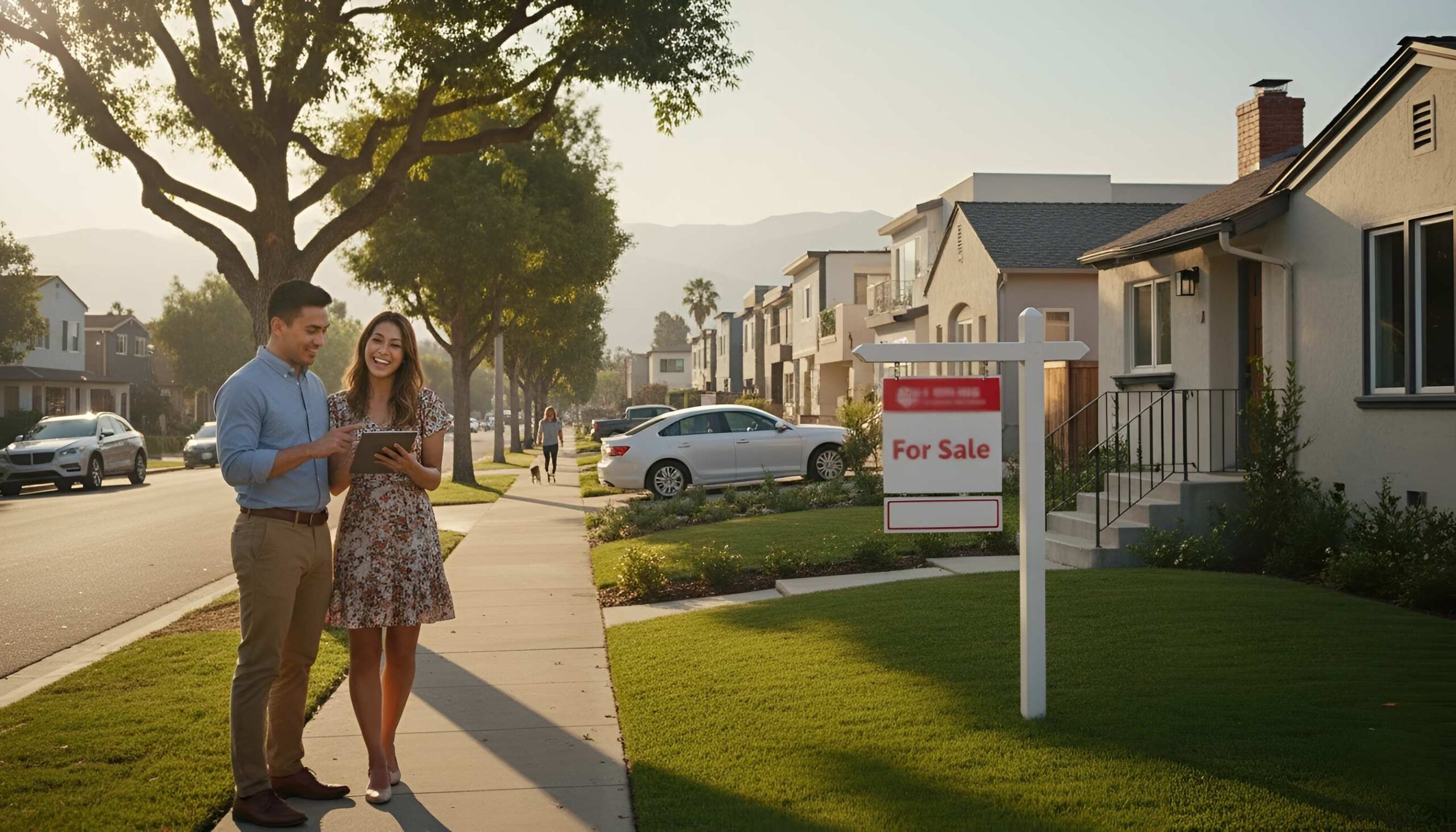 Smiling couple by “For Sale” sign on sunny, tree-lined suburban street
