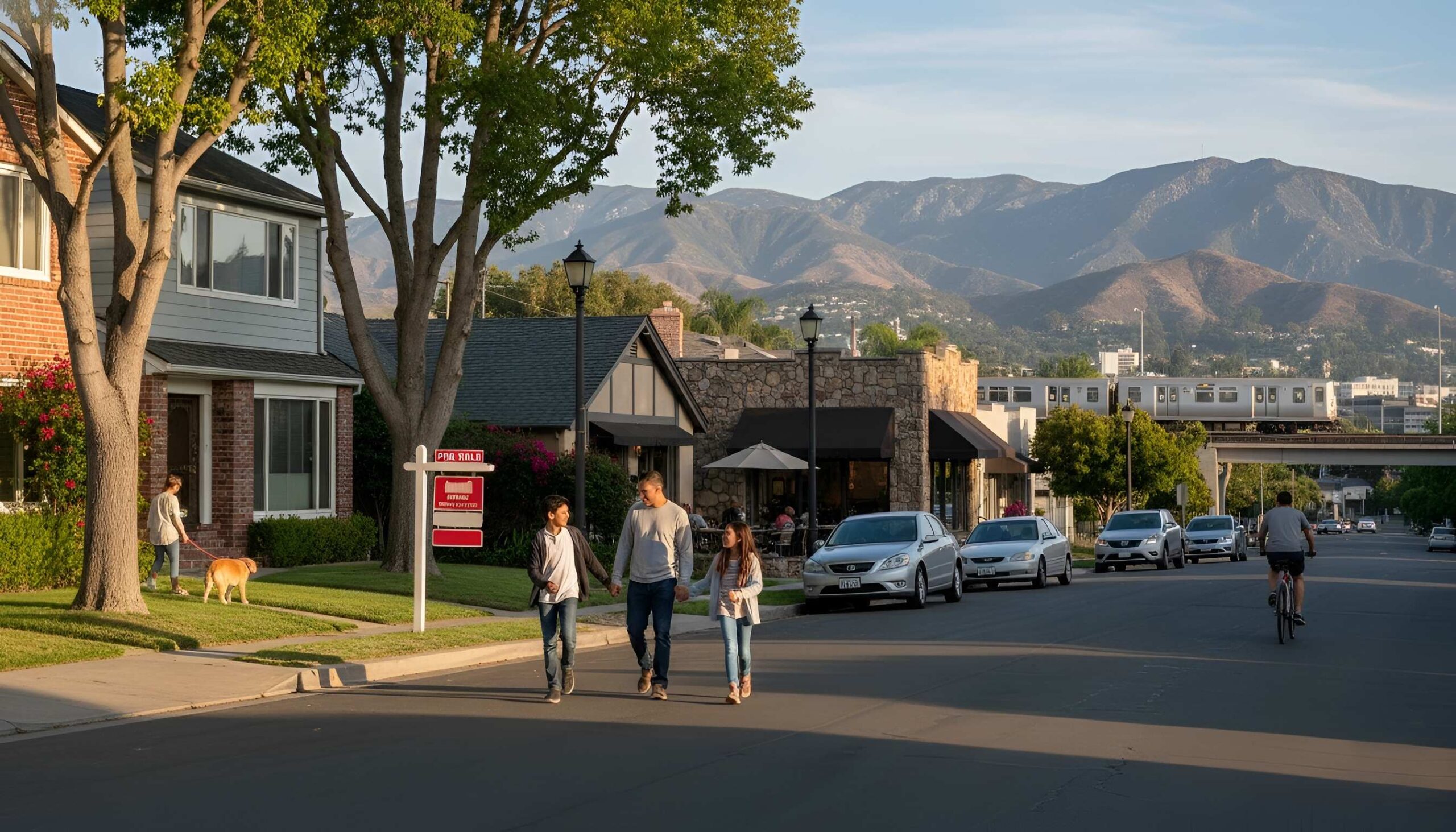 Suburban street with walkers, cyclists, homes, shops, and sunny mountain backdrop