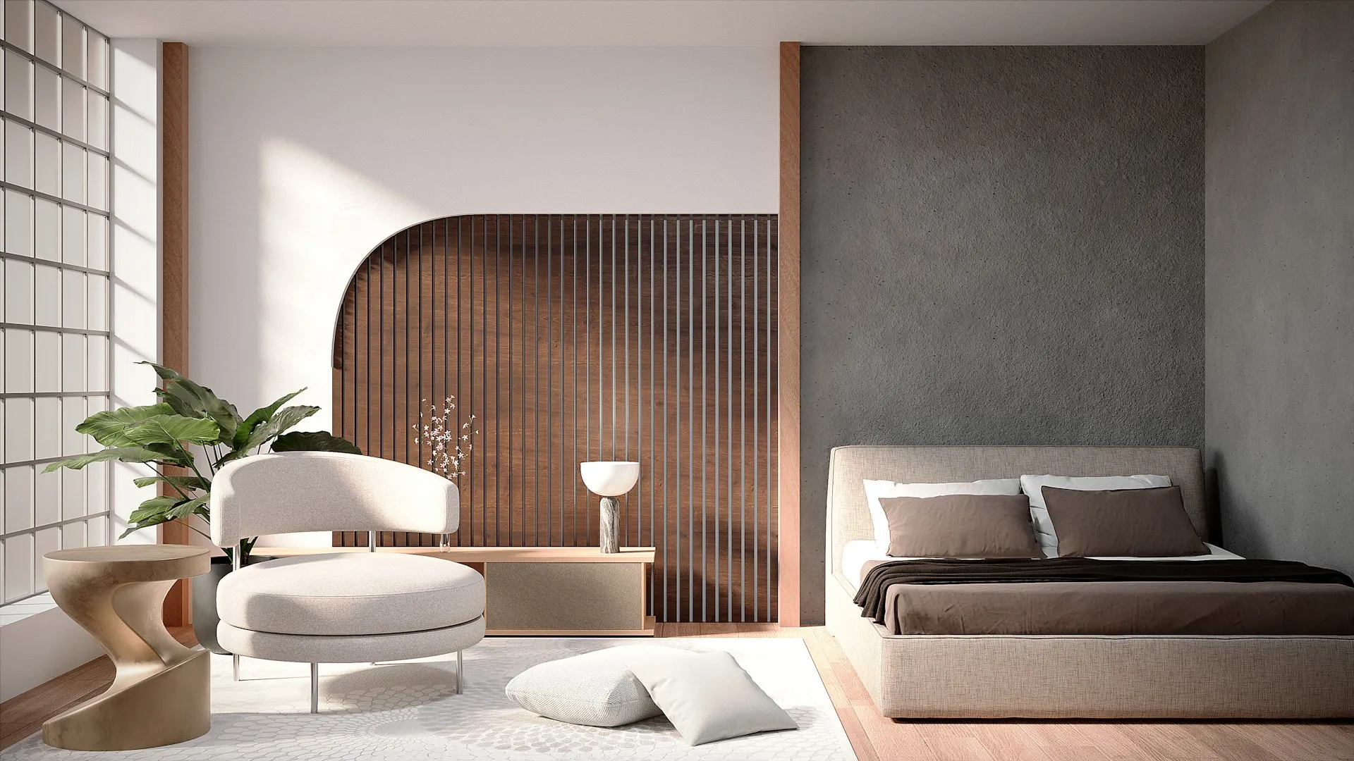 Modern bedroom with a white chair and side table