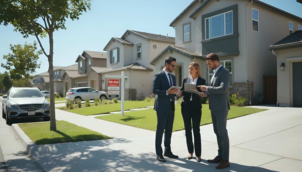 Three professionals reviewing papers by “For Sale” sign on suburban street