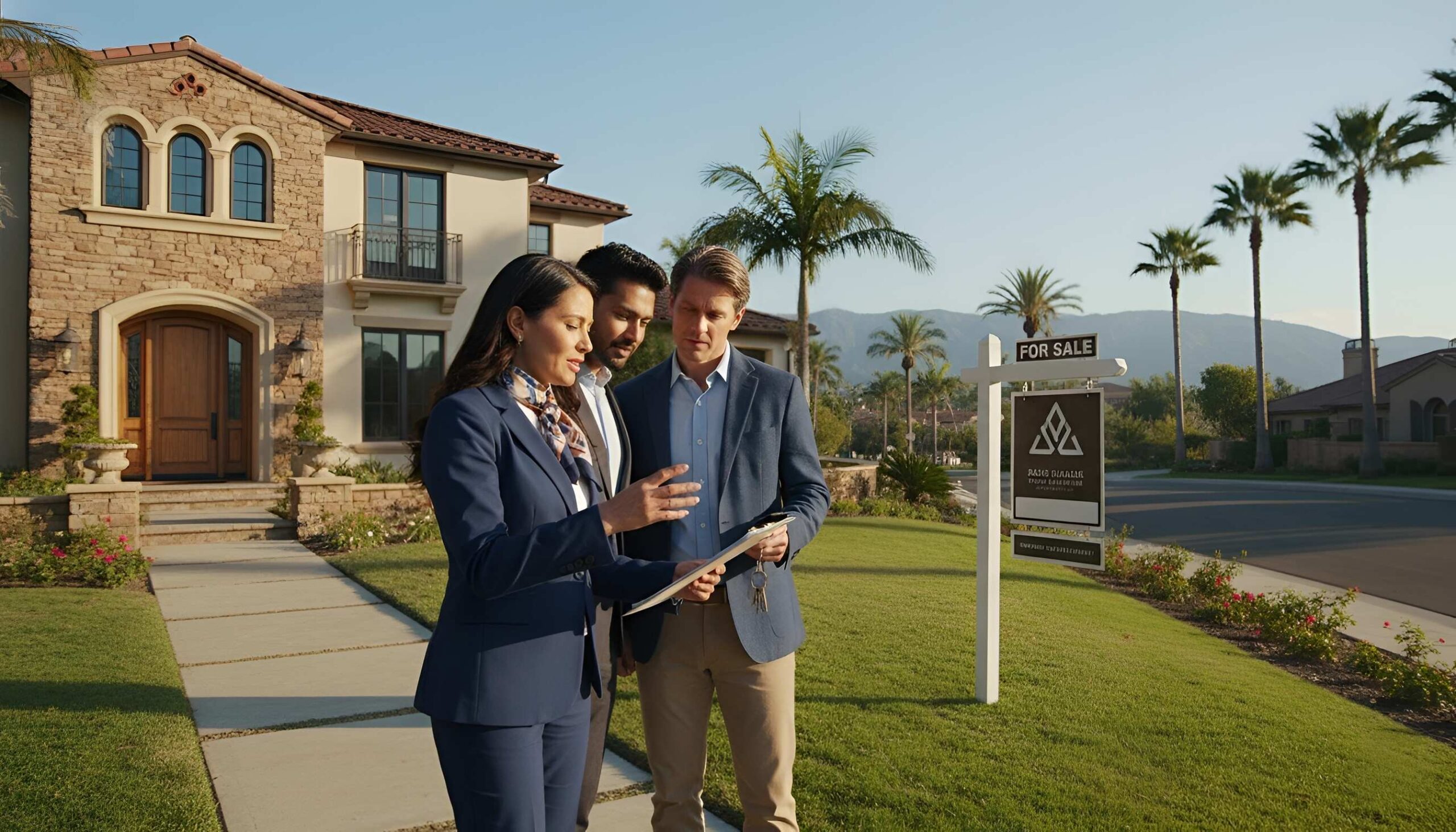 Agent discussing home with couple by “For Sale” sign, palm trees, sunny mountain backdrop