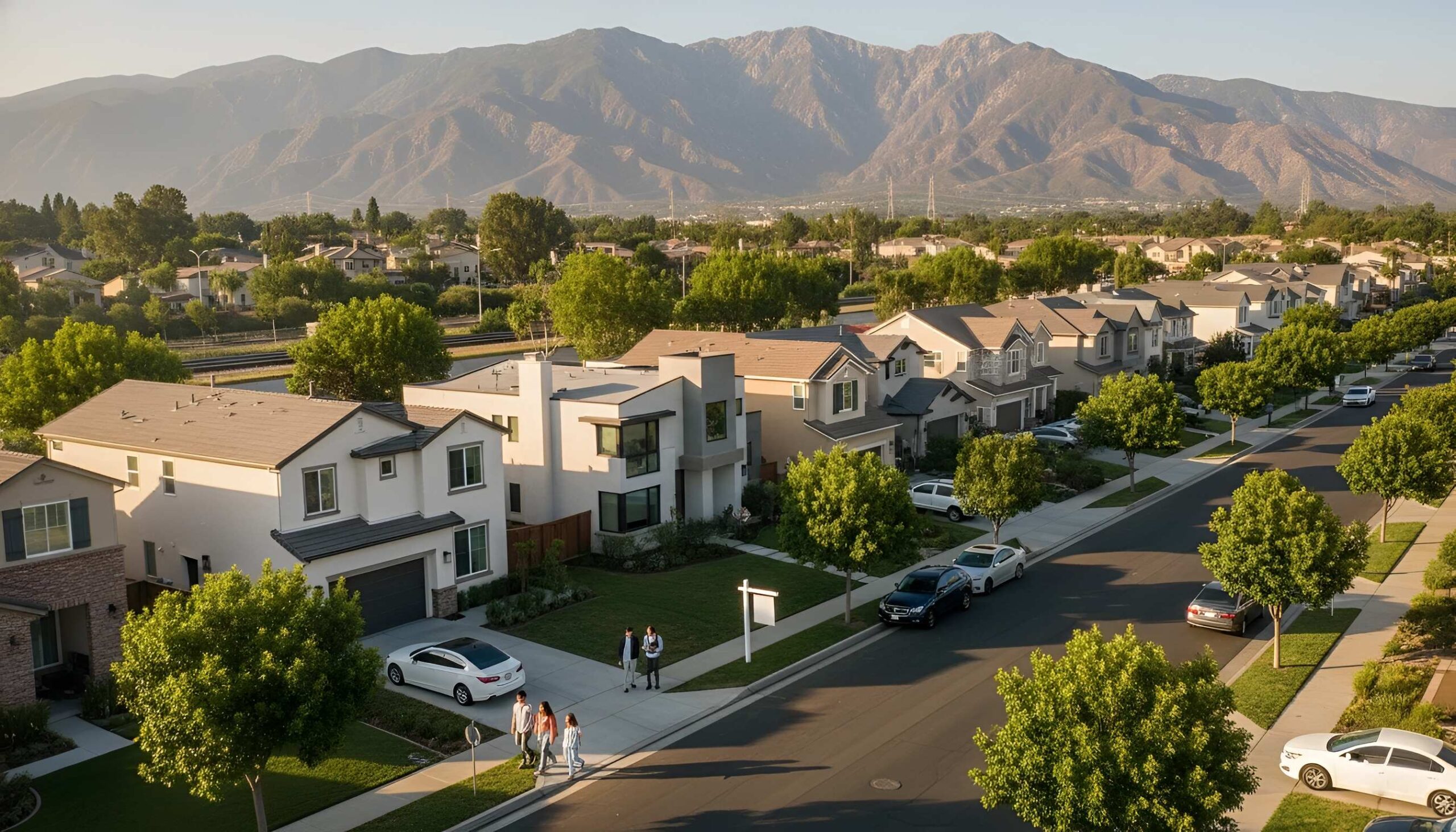 Suburban street with modern homes, trees, strolling people, and mountain backdrop
