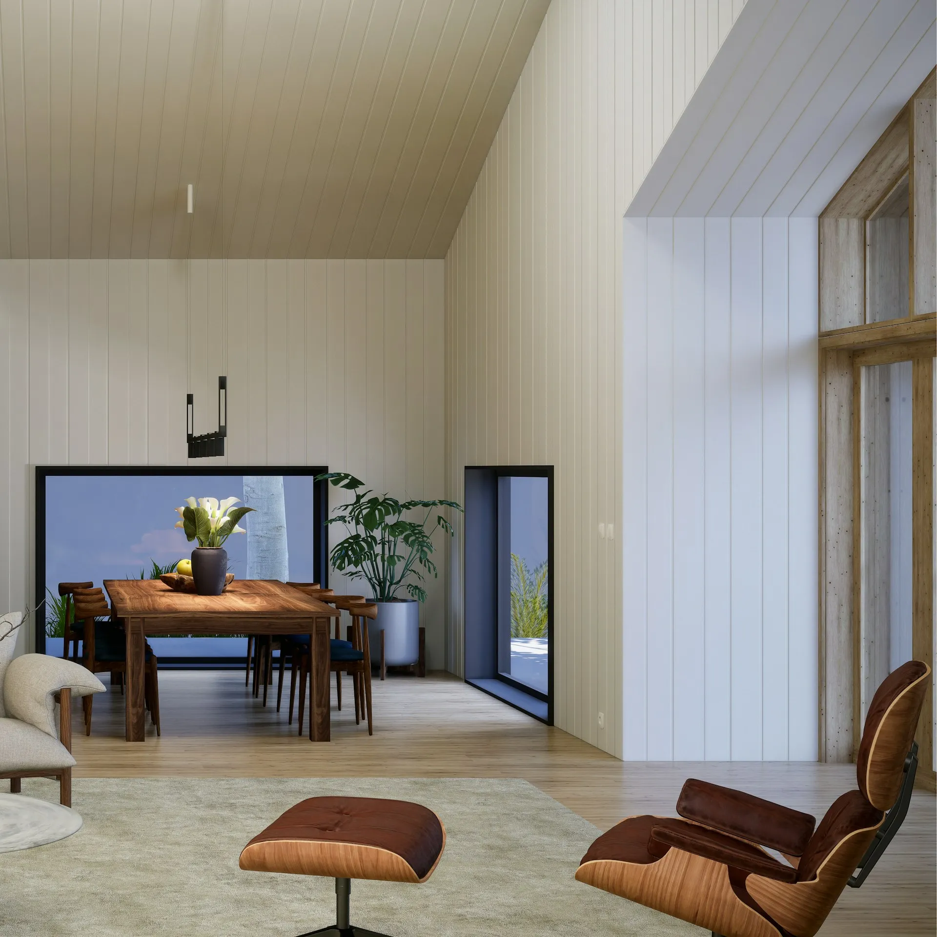 Spacious modern living room with high ceilings, wood walls, large window, and plants