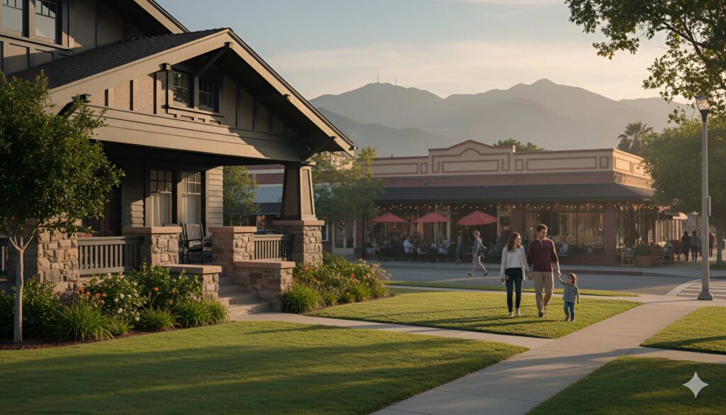 Family strolling past Craftsman home with gardens, café, and sunset mountains