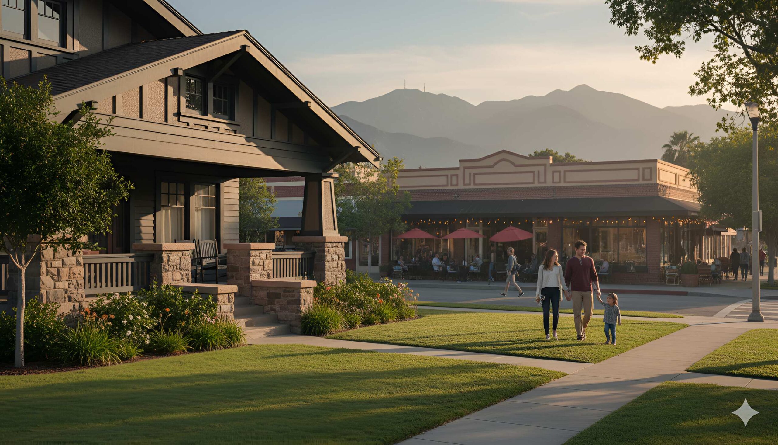 Family strolling past Craftsman home with gardens, café, and sunset mountains
