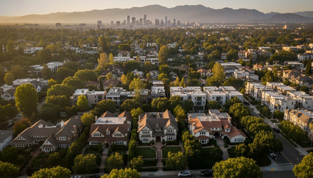 Aerial view of tree-lined suburban homes at sunset with distant skyline and mountains