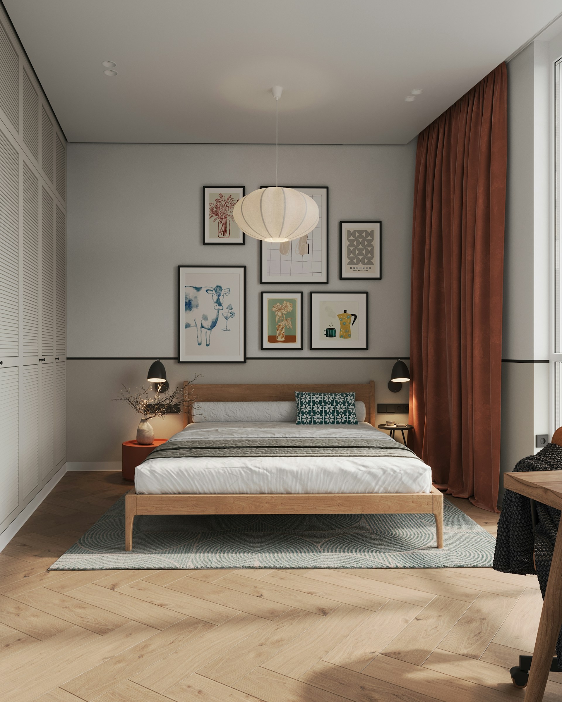 Bedroom with frames on the wall and brown curtain