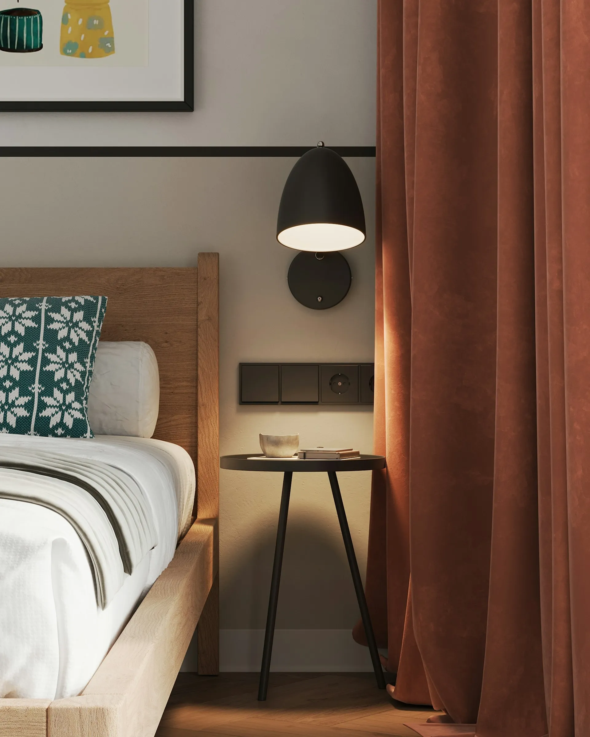 Lamp beside the bed with table underneath