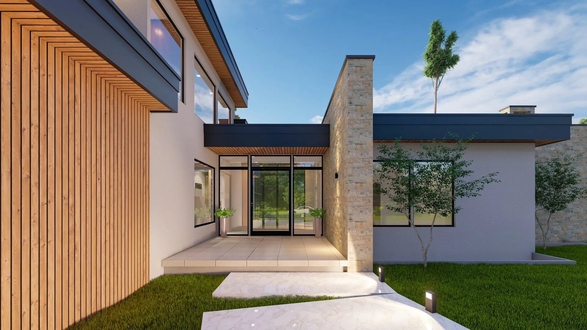 Modern house exterior with stone and wood, large glass windows, landscaped yard, blue sky