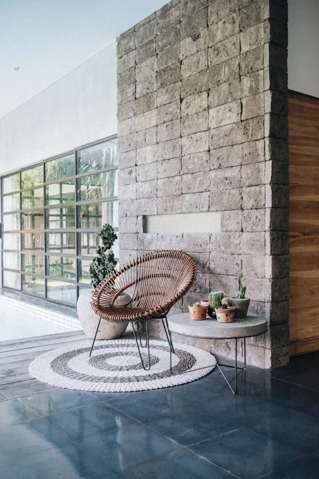 outside chair with carpet and side table