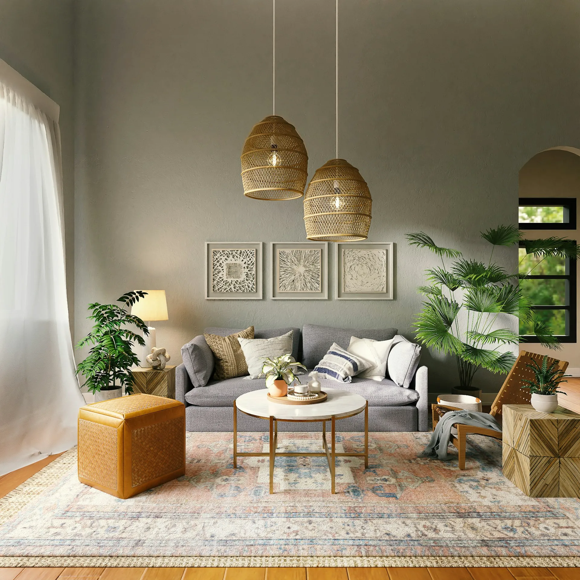 Cozy living room with gray sofa, patterned pillows, coffee table, plants, and woven lights