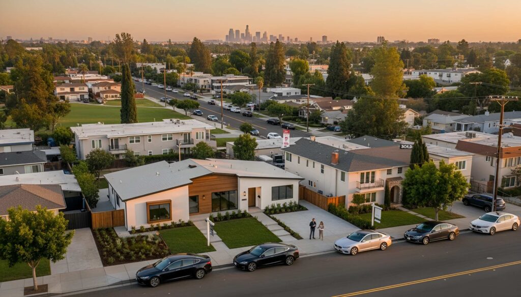 Aerial view of suburban homes at sunset with cars and distant city skyline