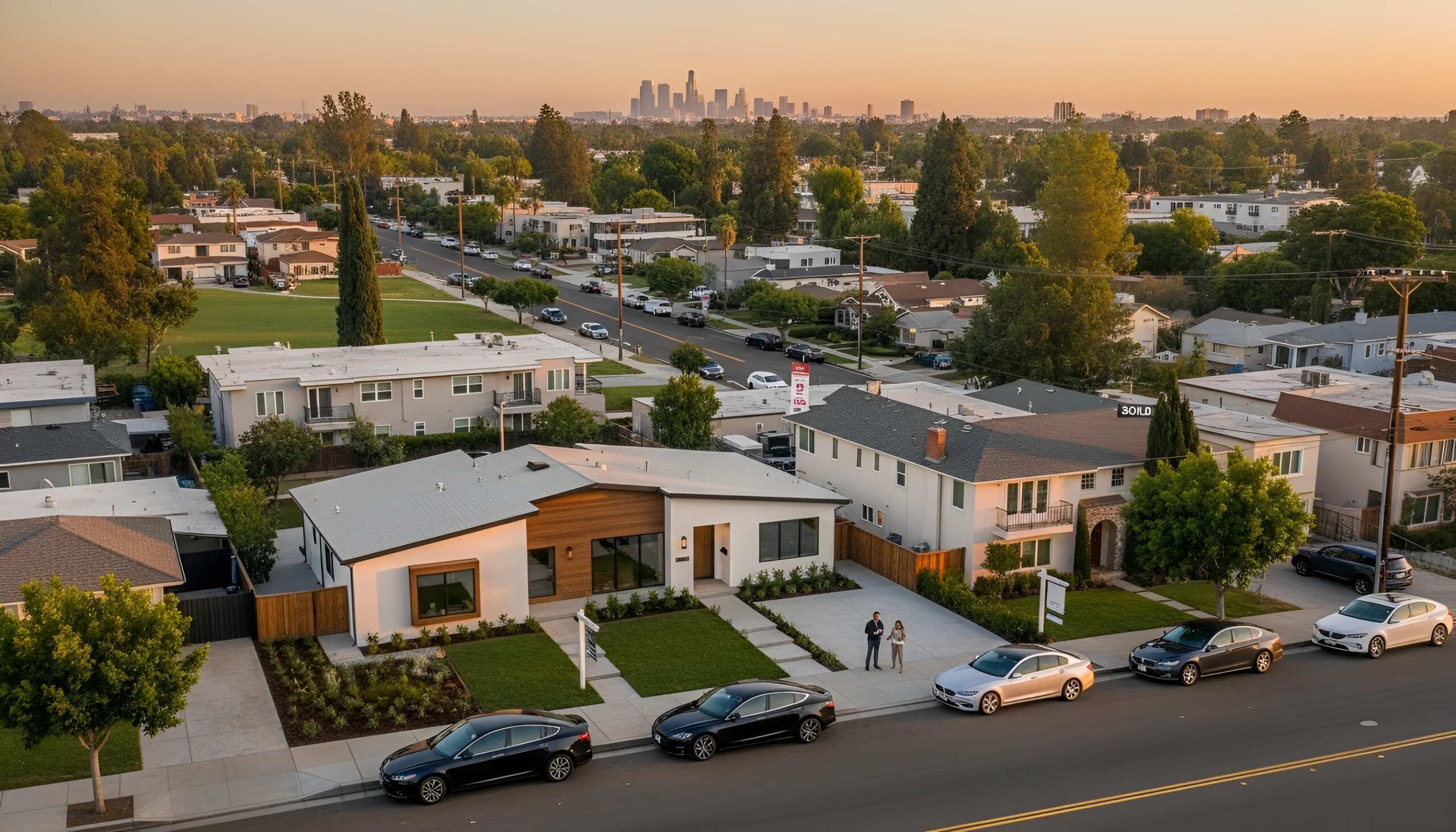 Aerial view of suburban homes at sunset with cars and distant city skyline