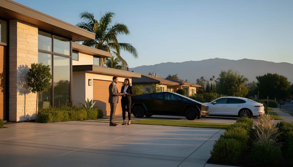 Modern house with palm trees, sunset scene, two people talking, and parked cars