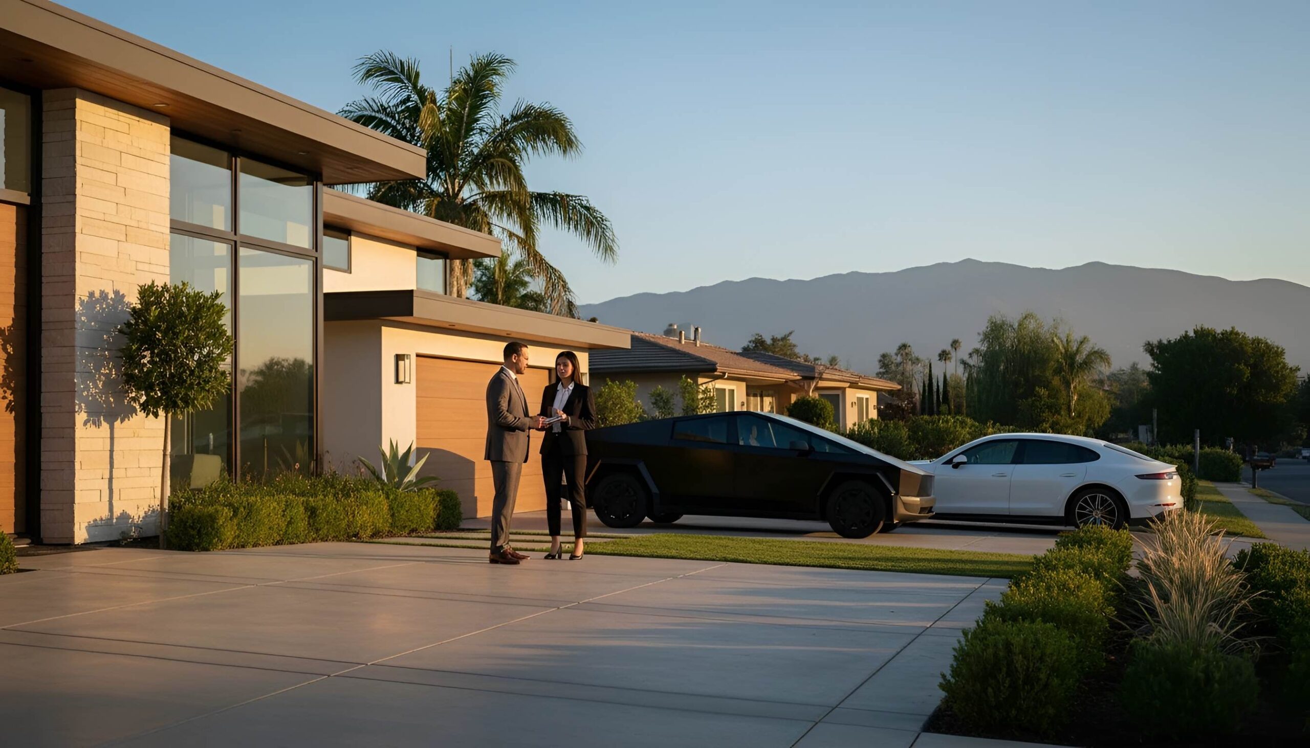 Modern house with palm trees, sunset scene, two people talking, and parked cars